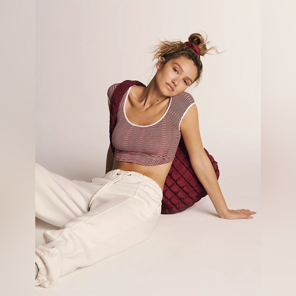 FP Movement by Free People Maroon & White Striped Short Sleeve Crop Tee